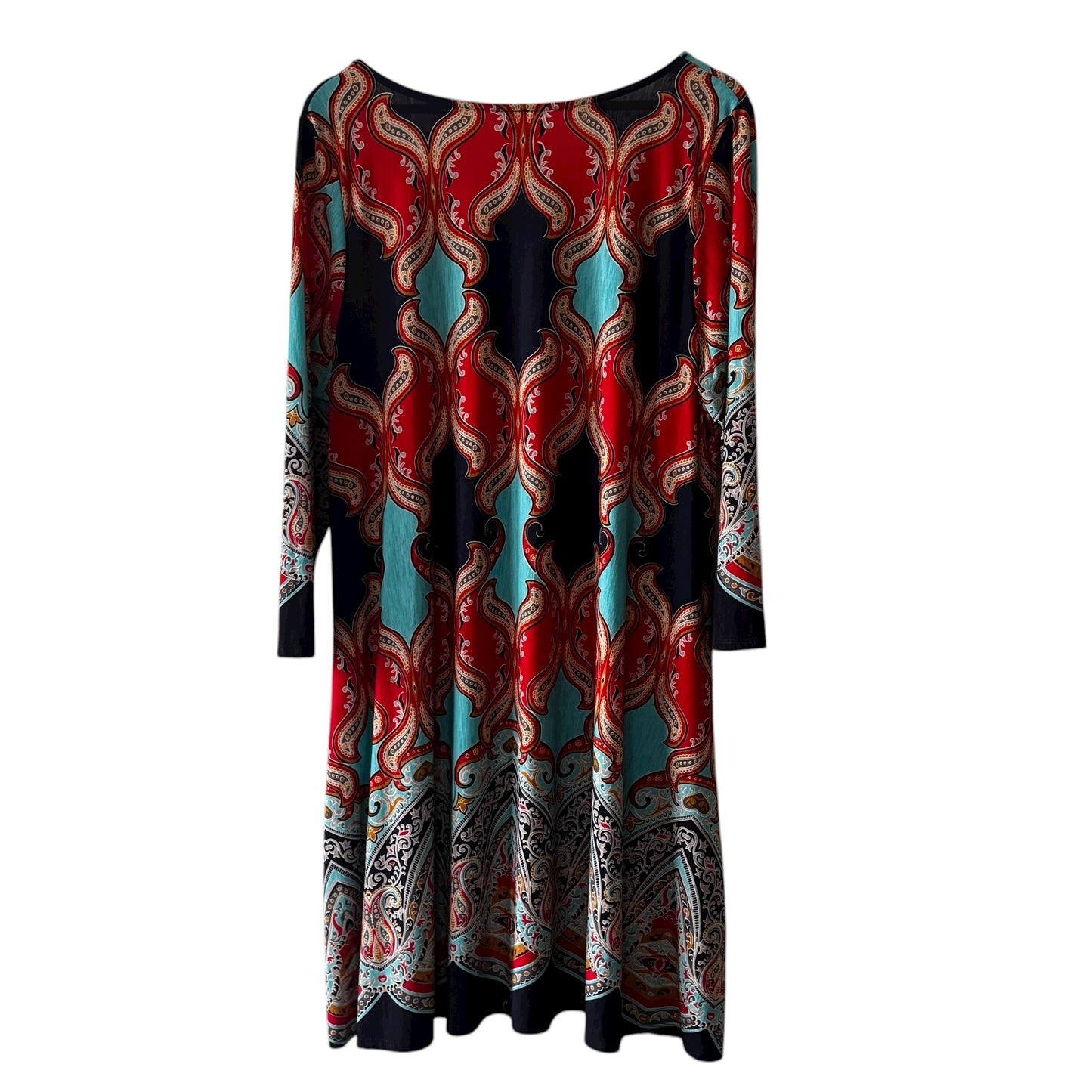 70s Boho Revival Retro Paisley Swing Dress Red Teal Made in LA Dress Women’s Size 1X