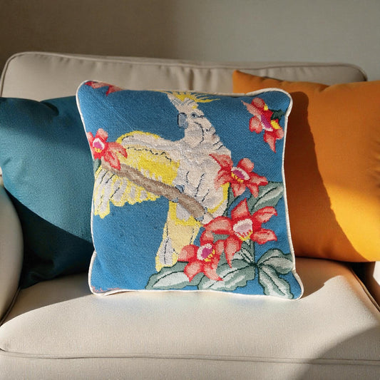 Vintage Needlepoint Cockatoo Pillow | Hand-Stitched Tropical Bird Cushion | 70s Coastal Boho Decor