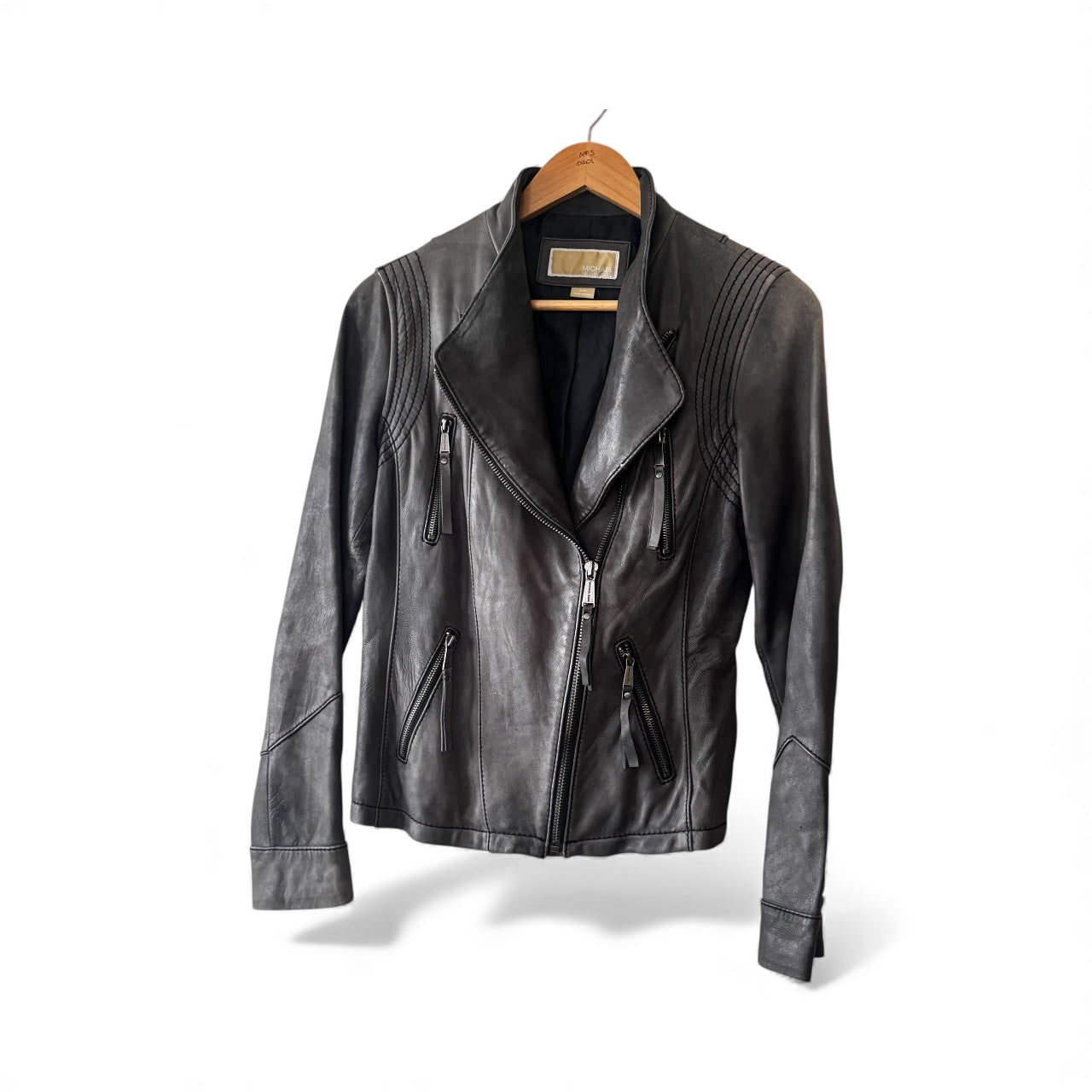 Retro Moto Style Genuine Leather Women’s Jacket – Michael Kors, Gray, Size Medium