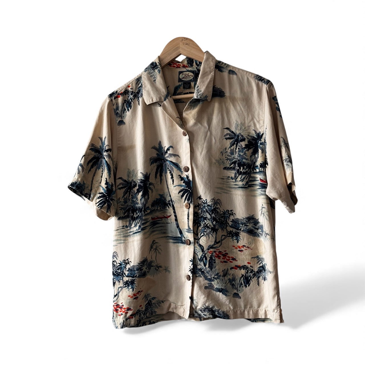 Tommy Bahama Silk Aloha Men’s Shirt Small Beige Tropical Palm Tree Button-Down Retro Vacation Button up Shirt