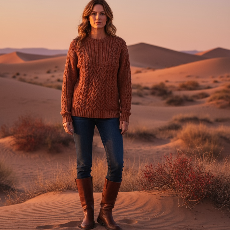 Vintage 80s Outback Red Cable Knit Women’s Sweater Rust Brown Linen Ramie Blend Size Small