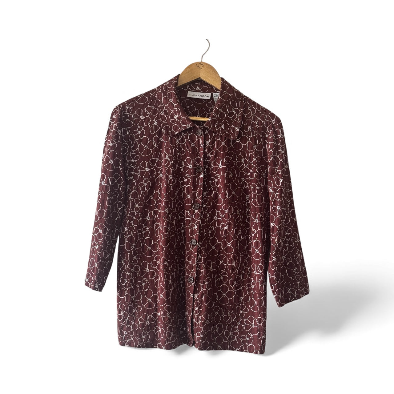 Vintage Sag Harbor Brown Floral Embroidered Button Front Women’s Top/Blouse Linen Rayon Blend Size Medium