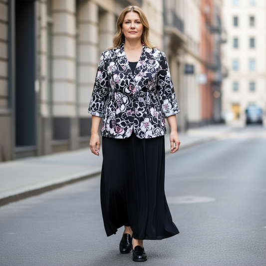 Dressbarn Black White Pink Mod Floral Women’s Blazer Cotton Size 14/16 Made in USA