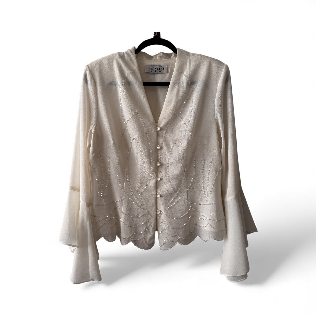 Vintage J.R. Nites by Caliendo Embellished White Women’s Blouse Top Medium Old Hollywood Style