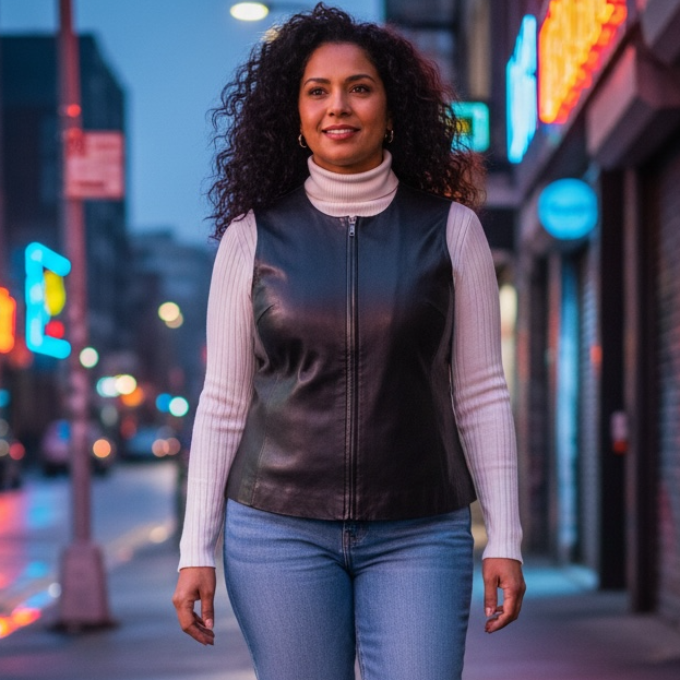 Vintage Black Leather Zip Front Women’s Vest Sleeveless Jacket Valerie by Valerie Stevens Size L