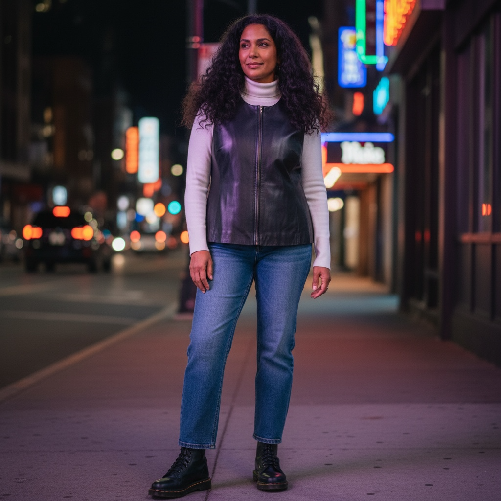 Vintage Black Leather Zip Front Women’s Vest Sleeveless Jacket Valerie by Valerie Stevens Size L