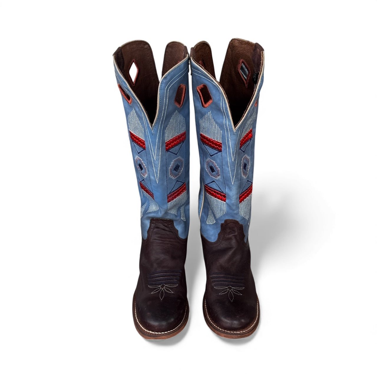 Retro Leather Western Y2K Boots Nocona Women’s 6.5B Blue & Orange Embroidered Shaft Made in Mexico Classic Cowboy Boot
