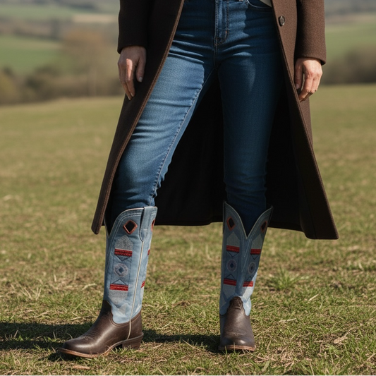 Retro Leather Western Y2K Boots Nocona Women’s 6.5B Blue & Orange Embroidered Shaft Made in Mexico Classic Cowboy Boot