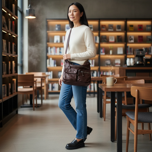 Vintage 2000’s Y2k Fossil Brown Leather Women’s Crossbody Bag Slouchy Soft Pebbled Leather Multi-Pocket Utility Style Bag