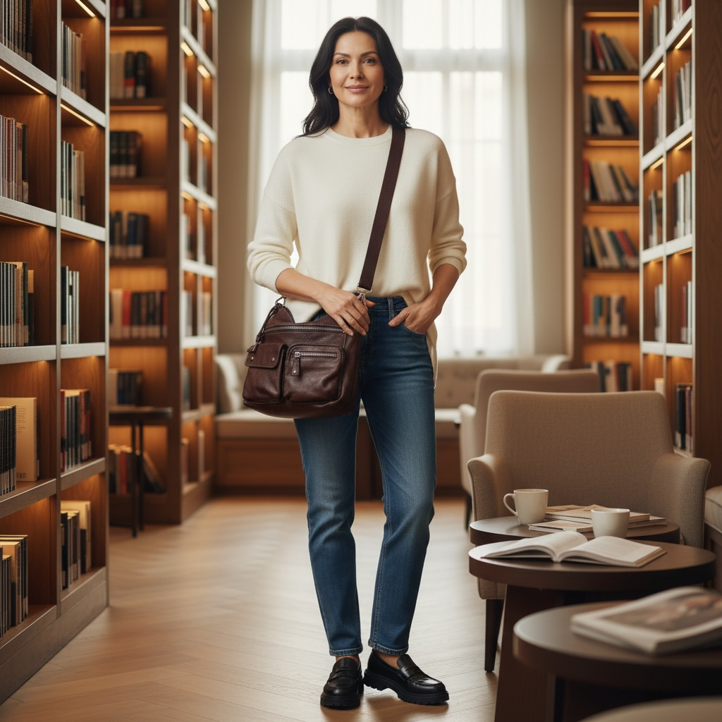 Vintage 2000’s Y2k Fossil Brown Leather Women’s Crossbody Bag Slouchy Soft Pebbled Leather Multi-Pocket Utility Style Bag