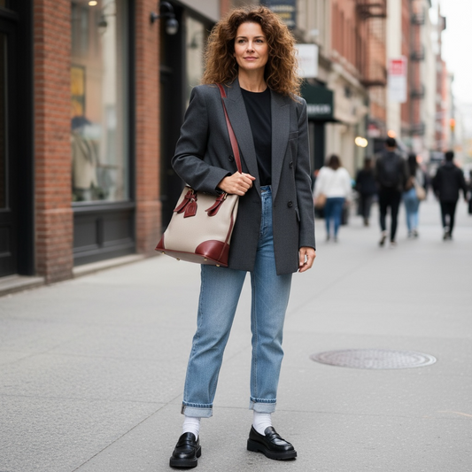 Vintage Liz Claiborne Genuine Leather Women’s Tote Bag Cream Pebbled Body Chestnut Trim Classic Preppy Equestrian Style