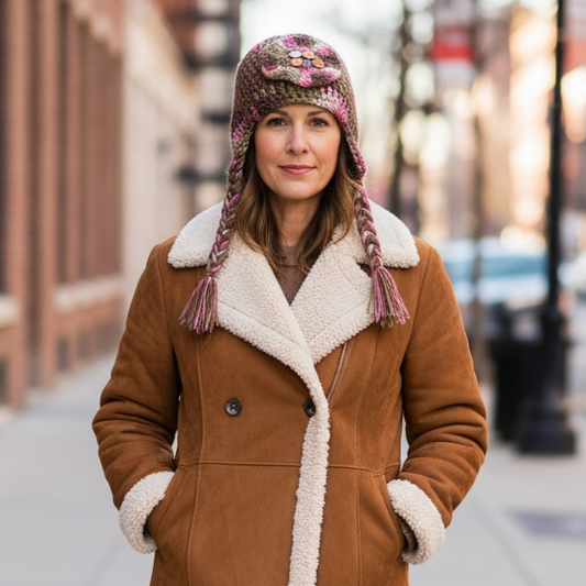 Handmade Women’s Hand-Knit Crochet Earflap Winter Hat Brown Pink Button 3D Rosette Braided Tassels