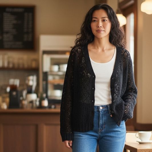 Vintage 90s Black Knit Grandma Sweater Floral Tufted Detail Cozy Grannycore Women’s Large